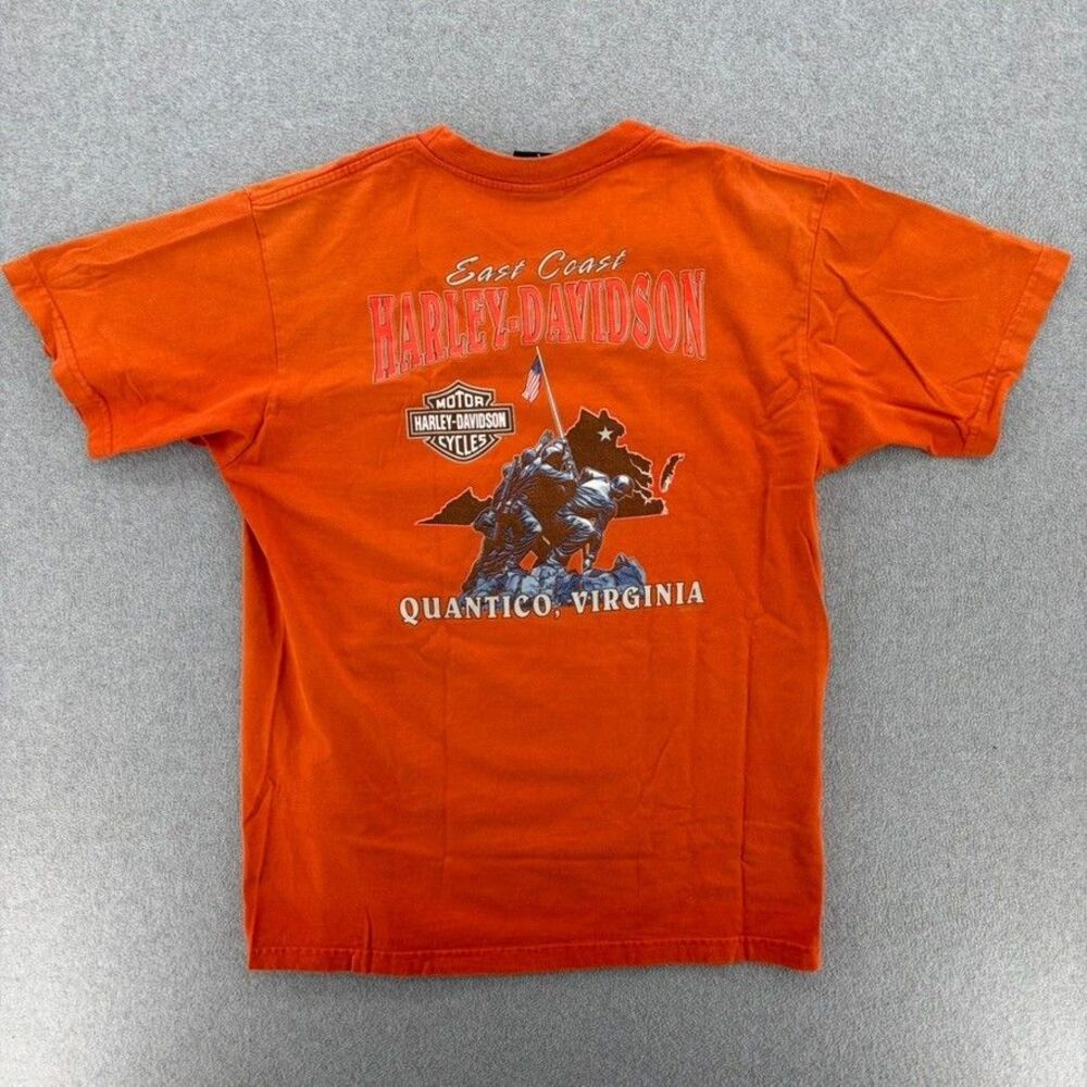 Harley-Davidson 05 Quantico VA Pocket T-Shirt Mens Large Orange Double Sided USA